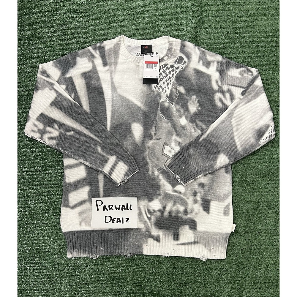 Nike Air Jordan Print Sweater Knit Sail/Gray Loose Fit Distressed Size Large